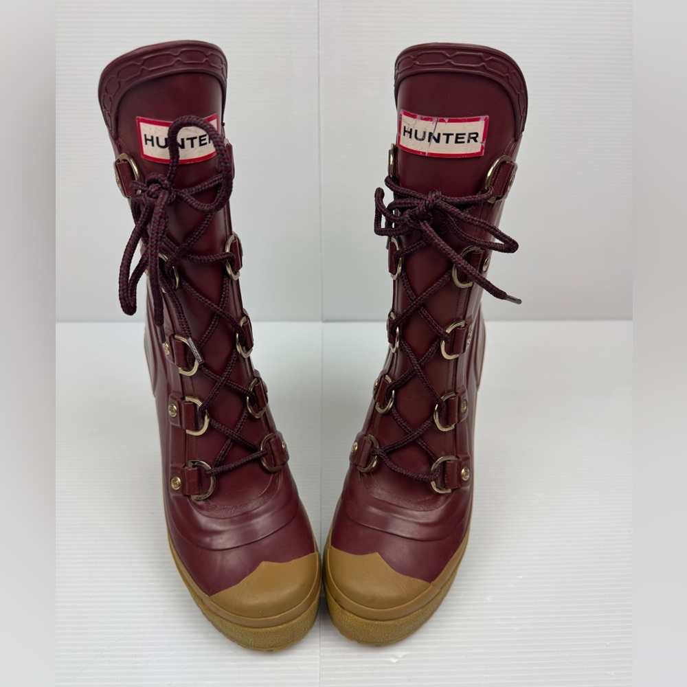 Hunter Gabby Lapin Burgundy Platform Heeled Rubber Rain Boot Women US 6 EU 37